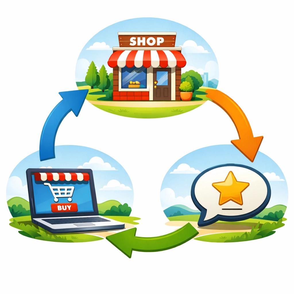 Marketing flywheel showing the connection between e-commerce sales, physical stores, and customer reviews.
