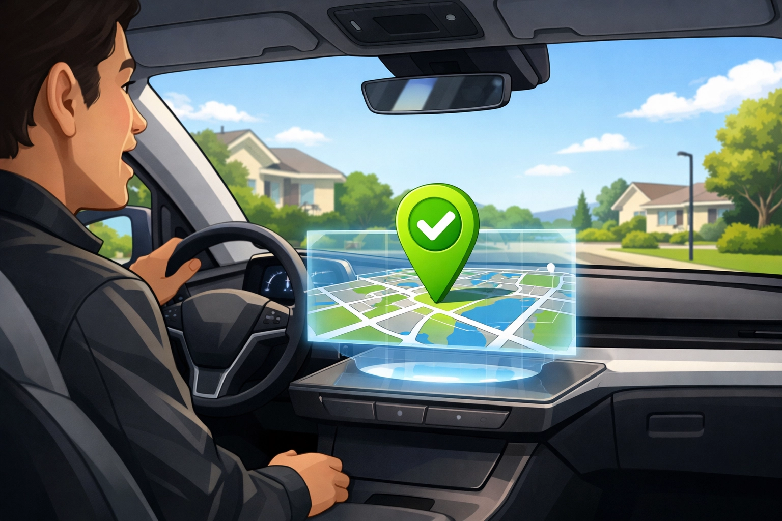 Person driving a smart car, interacting with a holographic map displaying a location pin, illustrating voice-activated local business discovery in 2026.