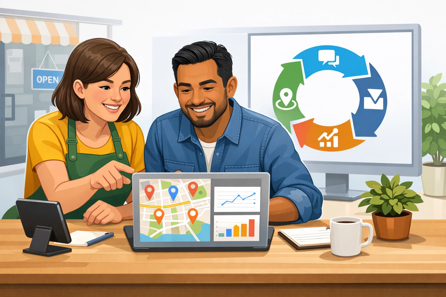 A64sOd6OpvT Two people collaborating at a desk, analyzing local business marketing strategies on a laptop displaying maps and graphs, with a supportive atmosphere reflecting authentic human connection and storytelling in a local business context.