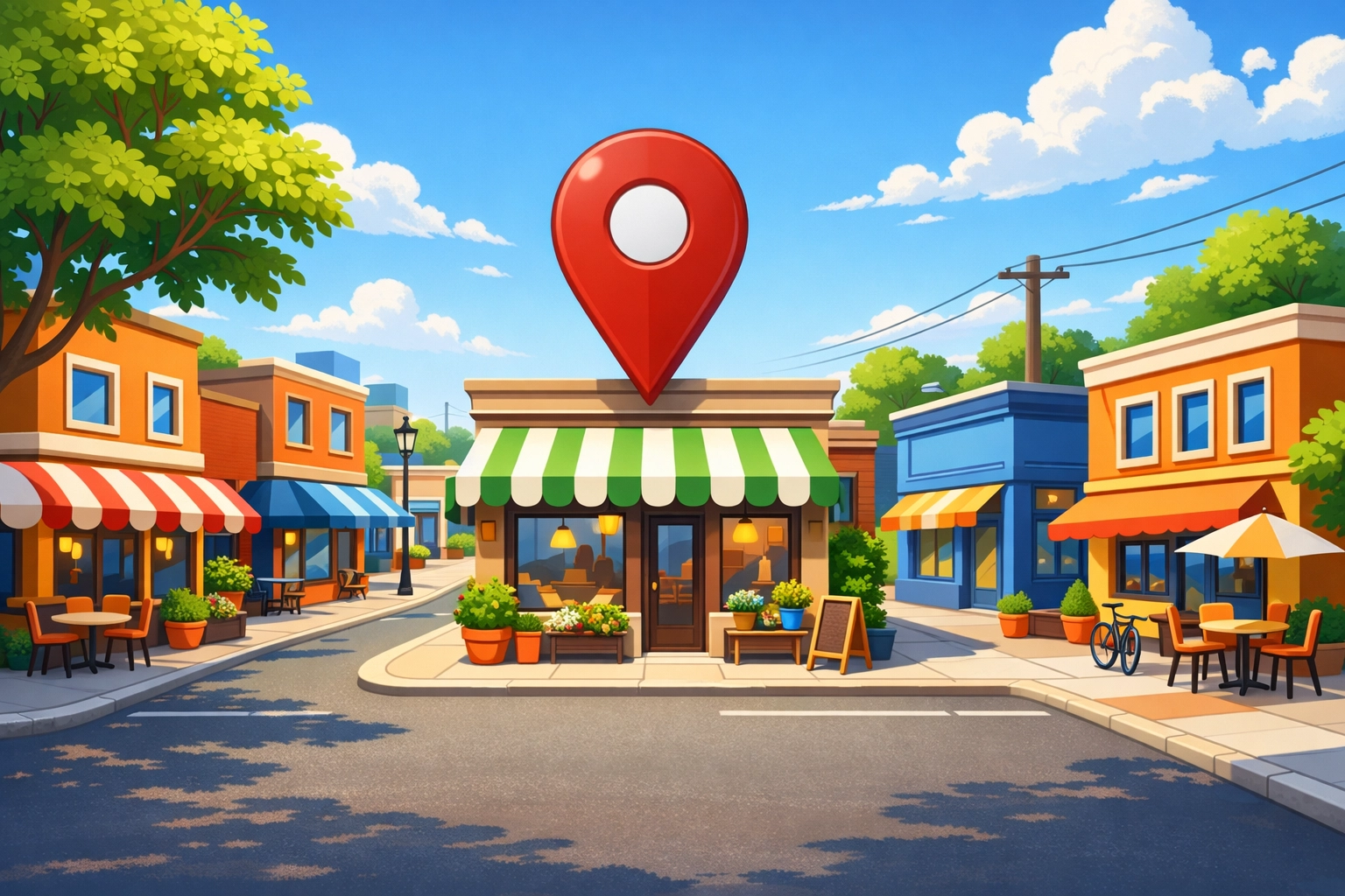 Cartoon landscape: neighborhood street with storefronts and a generic map pin hovering above one shop.
