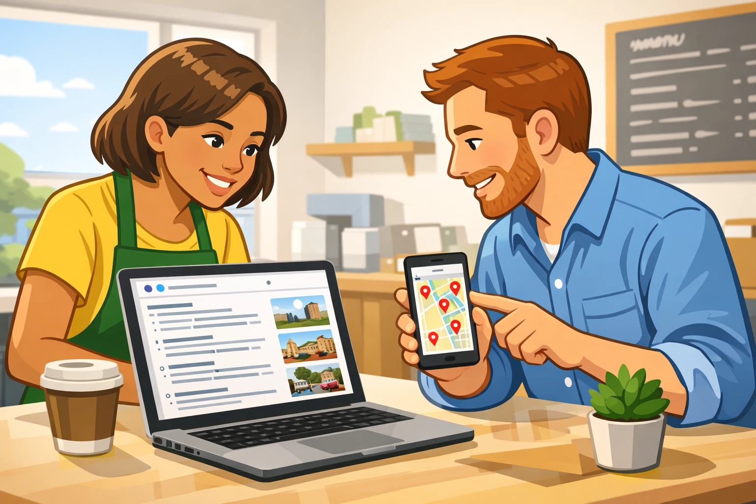 Two people discussing local business strategies with a laptop displaying a search interface and a smartphone showing a map with location markers, emphasizing spatial computing and customer engagement.