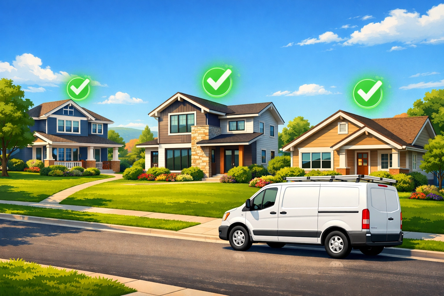 Cartoon suburban neighborhood with houses displaying green “Trust” icons, symbolizing local brand dominance, and a white service van parked on the street.