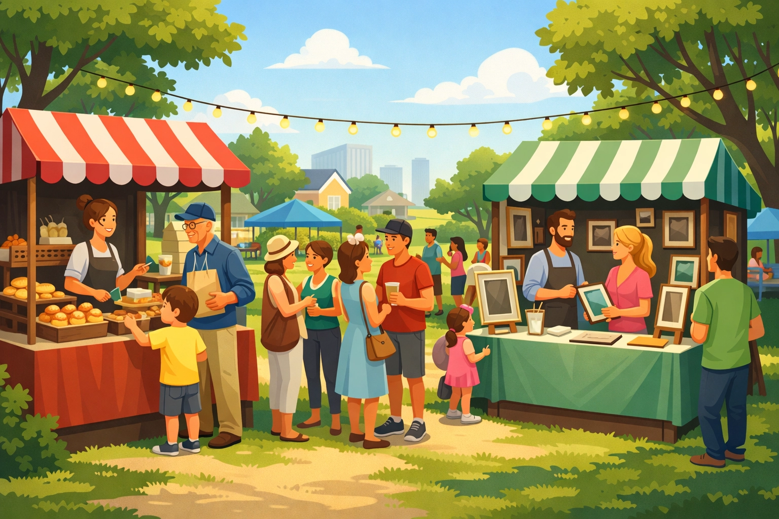 Landscape cartoon of a local community event at a neighborhood park, with a stall from the local bakery and framing shop clearly visible and busy with people
