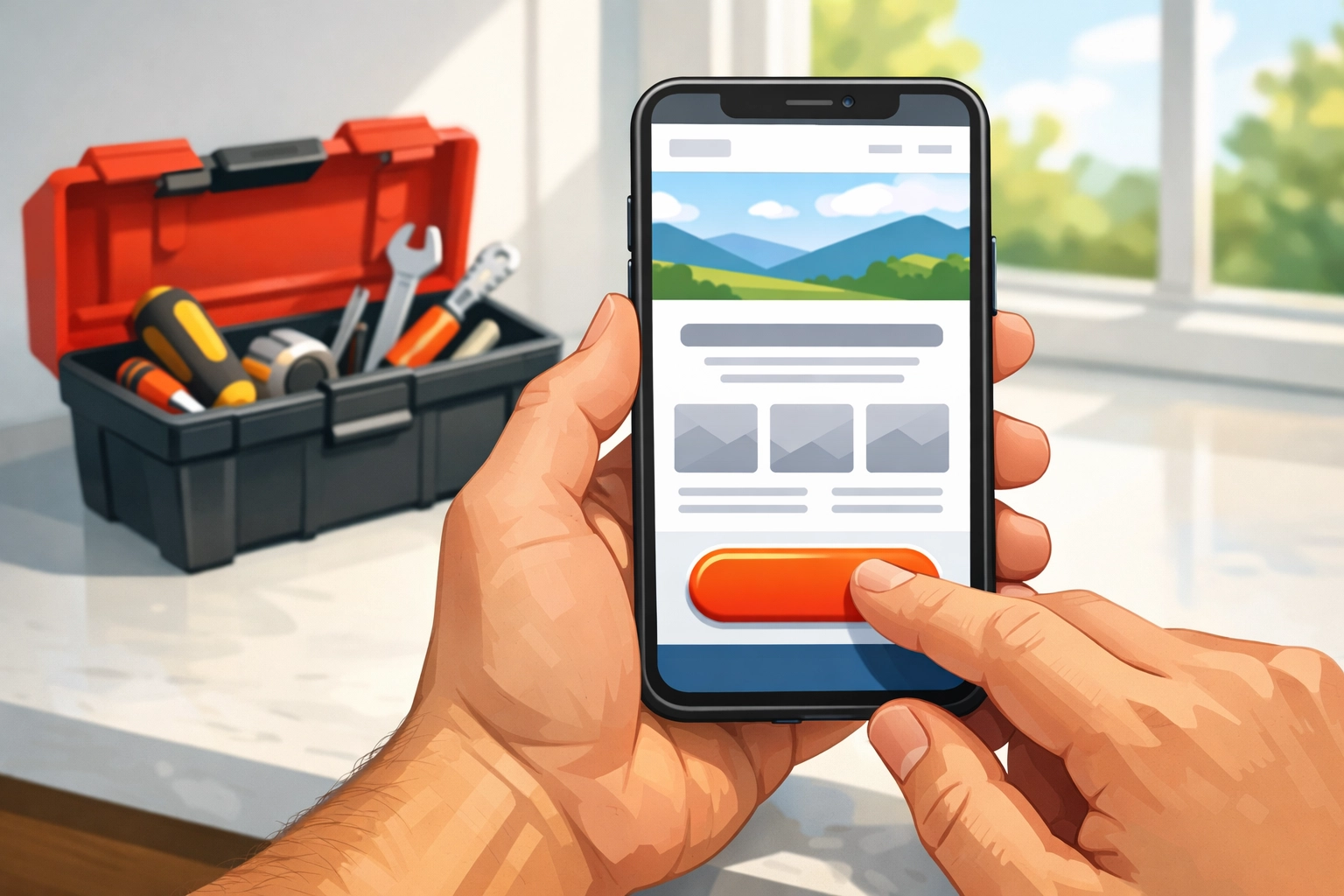 Smartphone displaying a high-converting landing page for a plumbing service with a prominent call button.