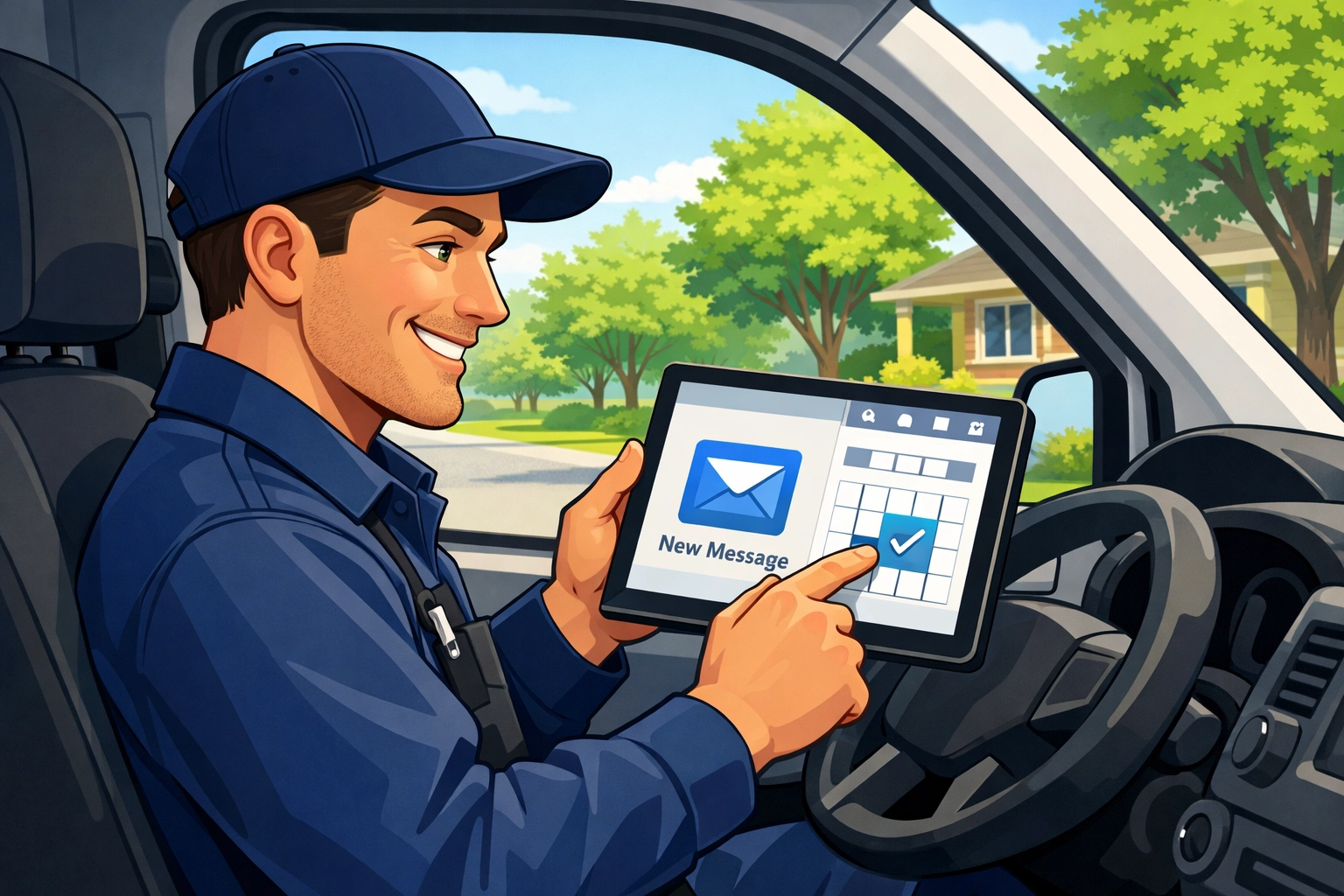Plumber managing local seo services and new customer appointments on a tablet inside a service van.