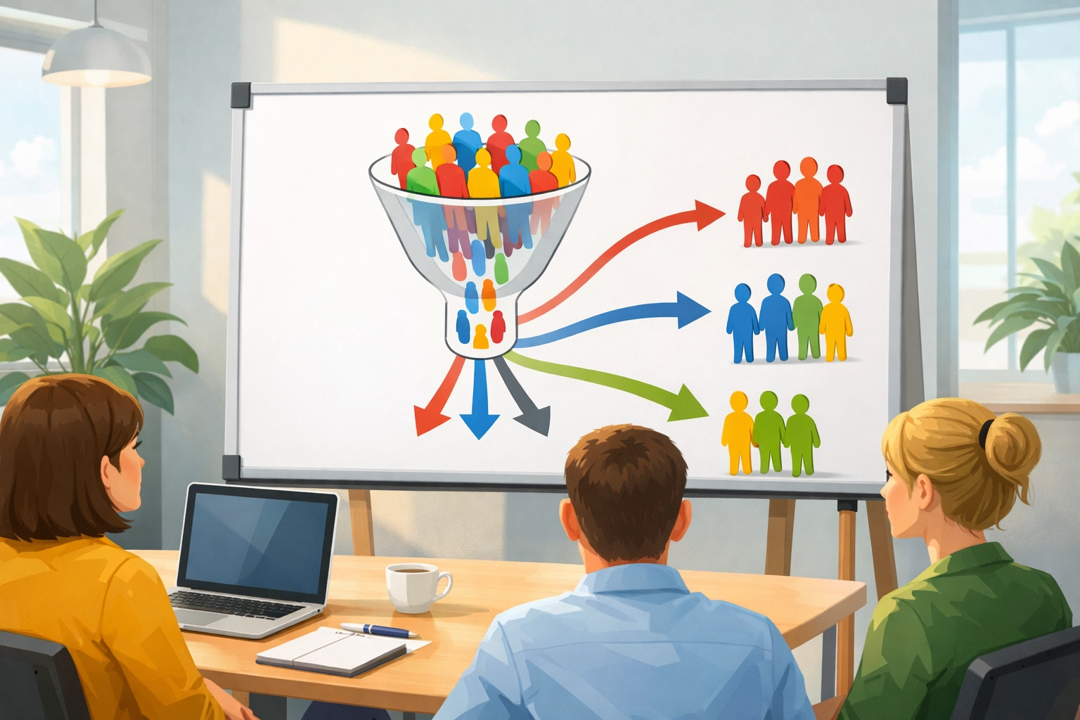 Group of people observing a marketing funnel diagram on a whiteboard, illustrating behavioral insights and audience segmentation for digital advertising strategies.