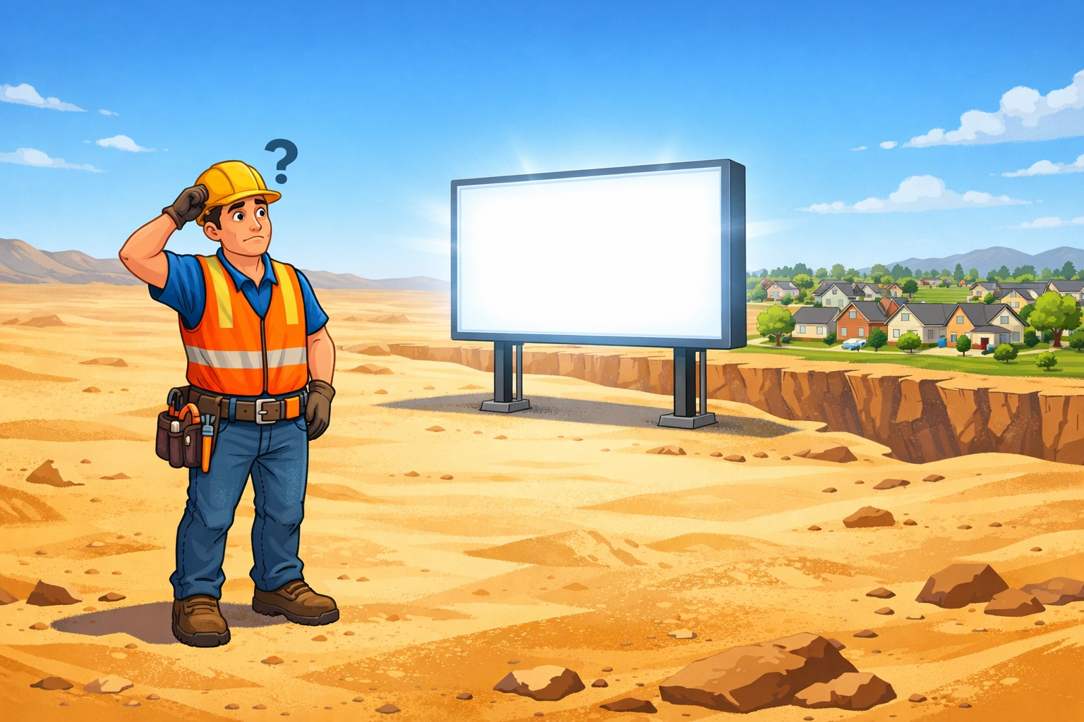 Contractor in a desert with a billboard far from customers, showing the failure of non-local influencer reach.