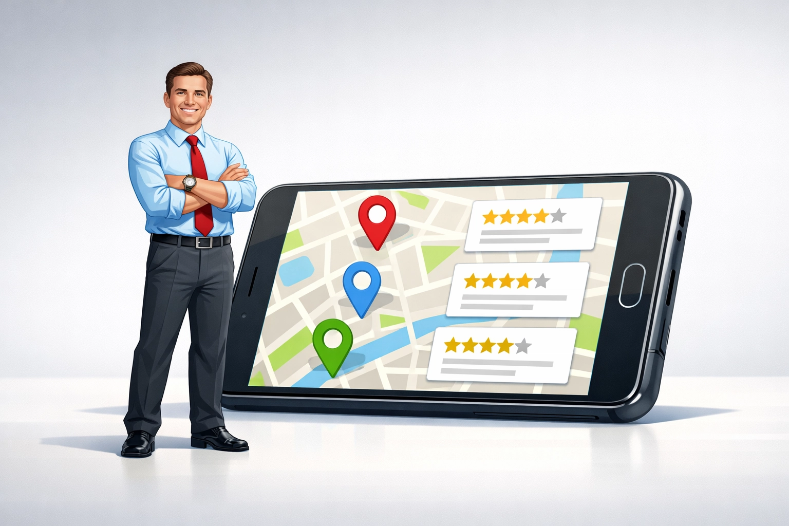Local business owner standing confidently next to a giant smartphone displaying a Google Maps 3-pack listing with five-star reviews, emphasizing the importance of optimized Google Business Profiles for local visibility.