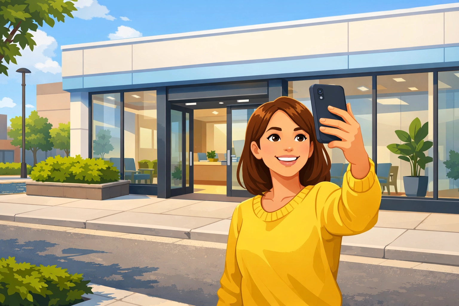 Local influencer filming a social media review in front of a dental clinic to build community trust.