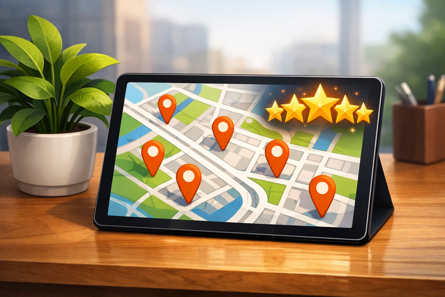 Tablet screen displaying local seo services with map pins and high customer review ratings.