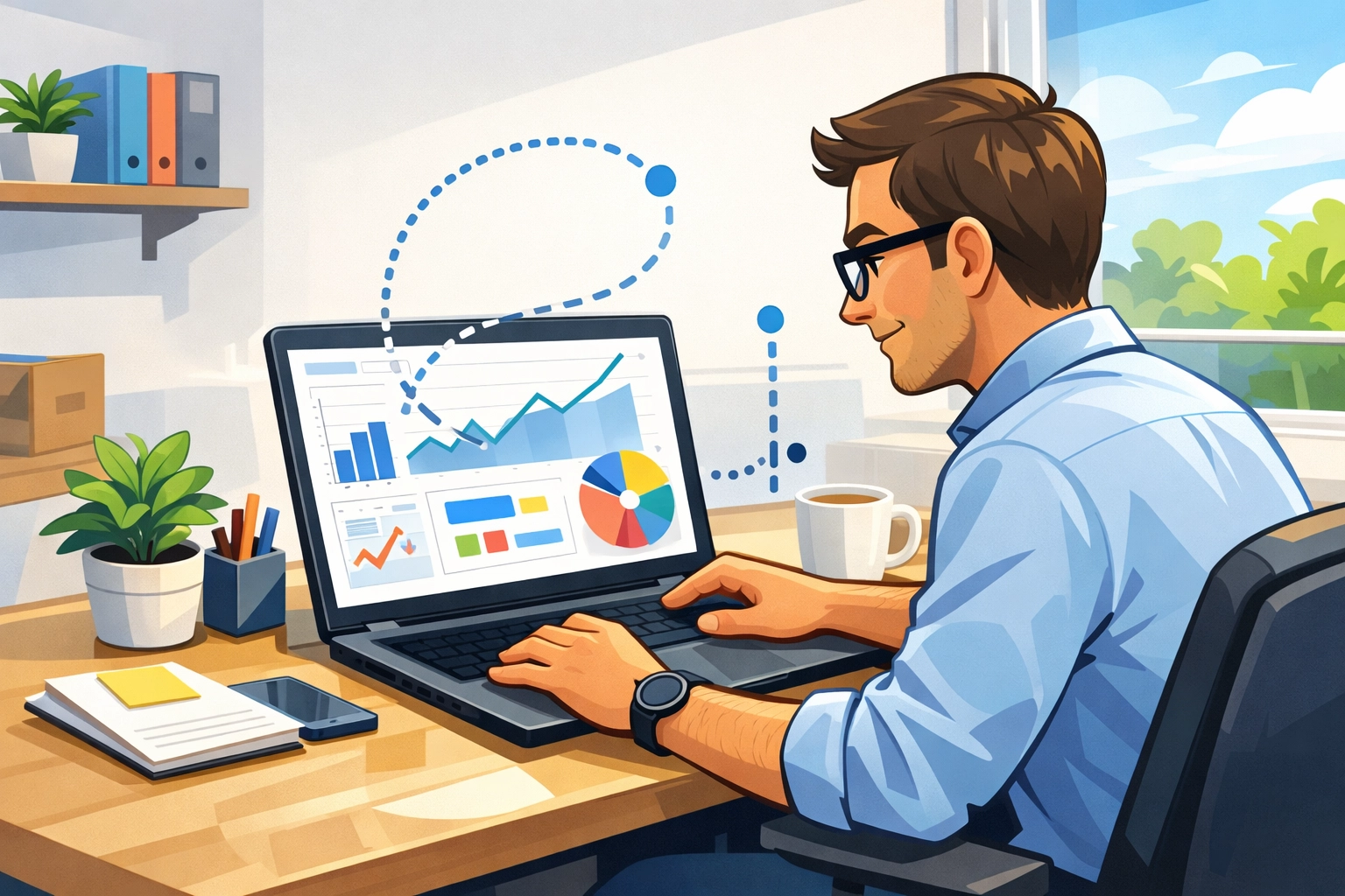 H7Md5hplDA9 Person analyzing data on laptop with charts and graphs, emphasizing first-party data strategies in digital marketing, surrounded by office elements like a plant and coffee cup.