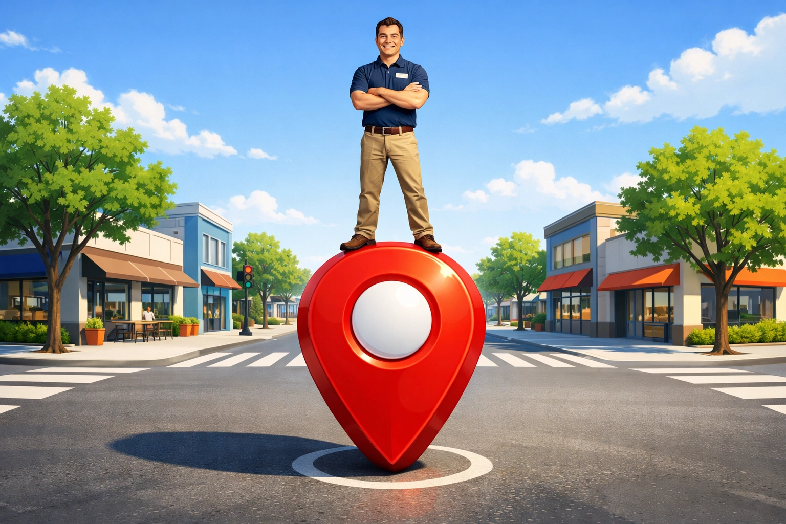 A cartoon business owner standing on a giant map pin in a busy city street, cartoon-style modern clean realism, landscape orientation