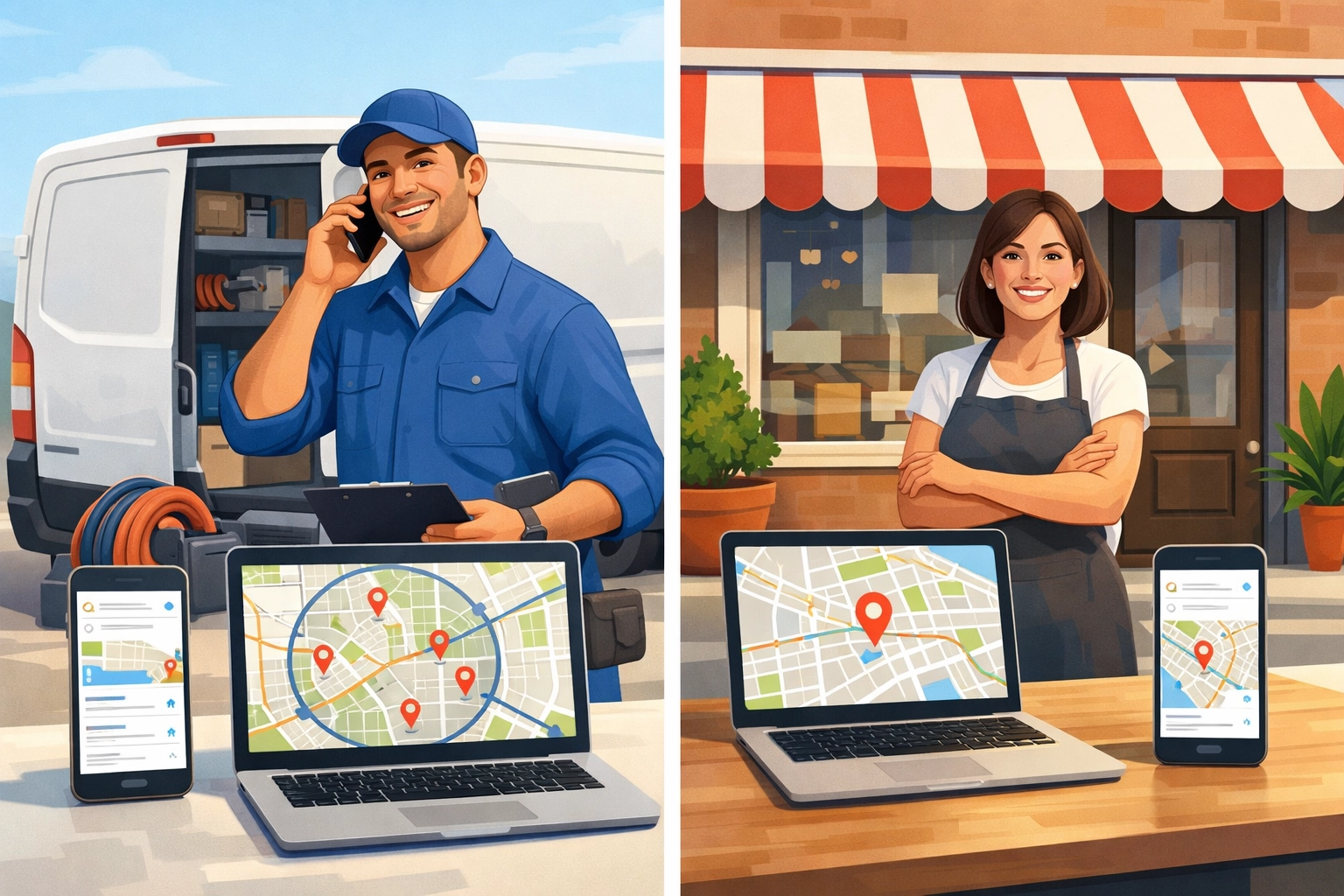 Cartoon-style modern clean realism hero image: a local service business owner comparing a service area boundary vs. a storefront pin on a map, landscape orientation