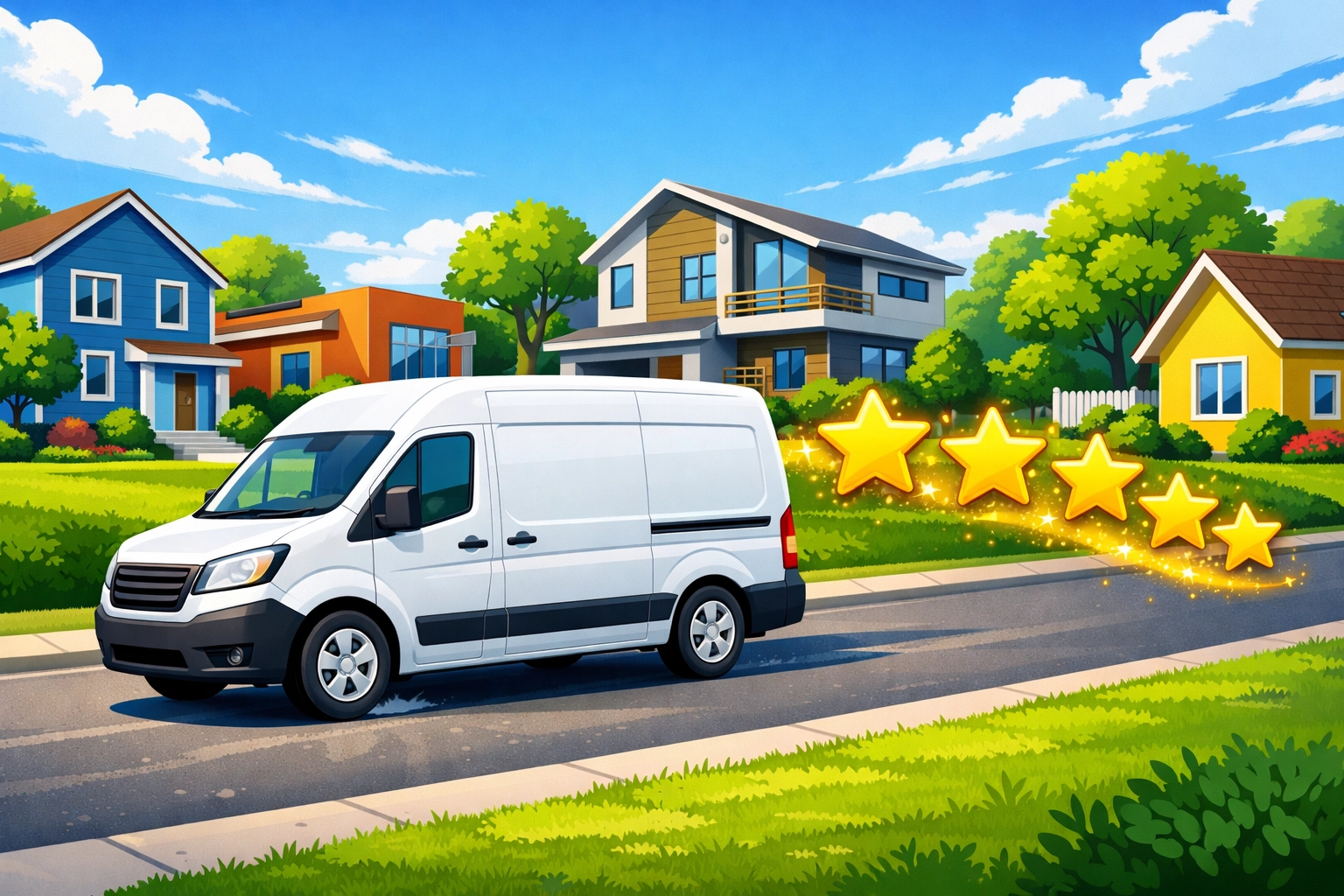 A cartoon van driving through different neighborhoods with 5-star review bubbles above it, cartoon-style modern clean realism, landscape orientation