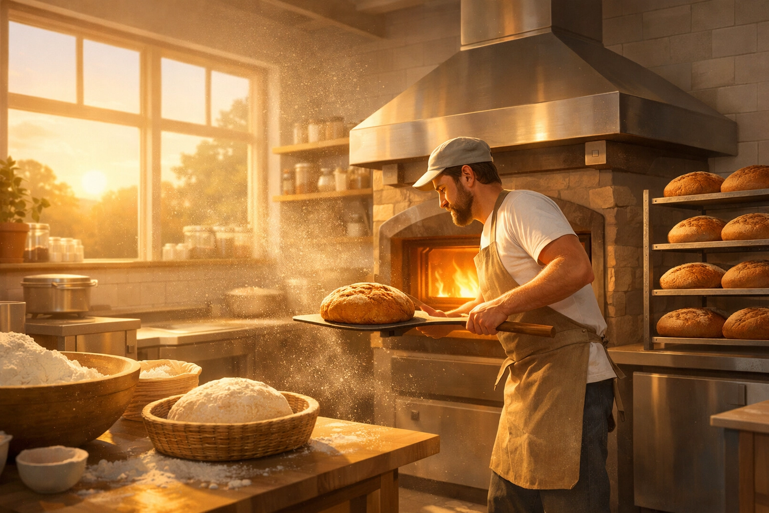 A bright, landscape cartoon of an organic bakery kitchen at sunrise, showing flour dust in the air and a warm, inviting oven glow
