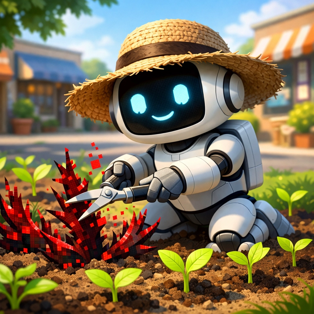 An AI robot gardener weeding out wasted ad spend to help small business leads grow in a digital garden.