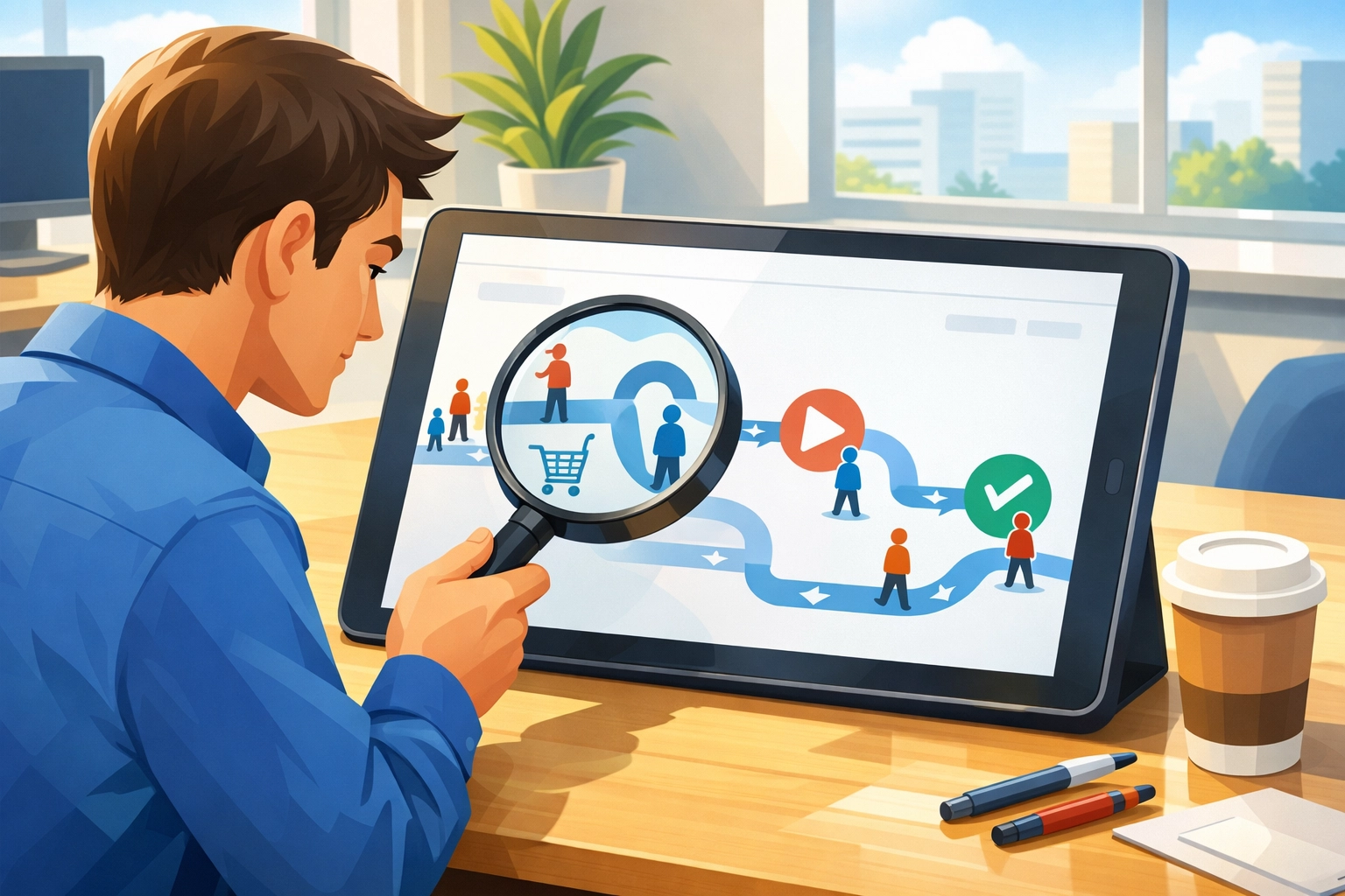 Person analyzing behavioral analytics on a tablet, focusing on user journey with icons representing engagement and conversion paths, in a modern office setting.