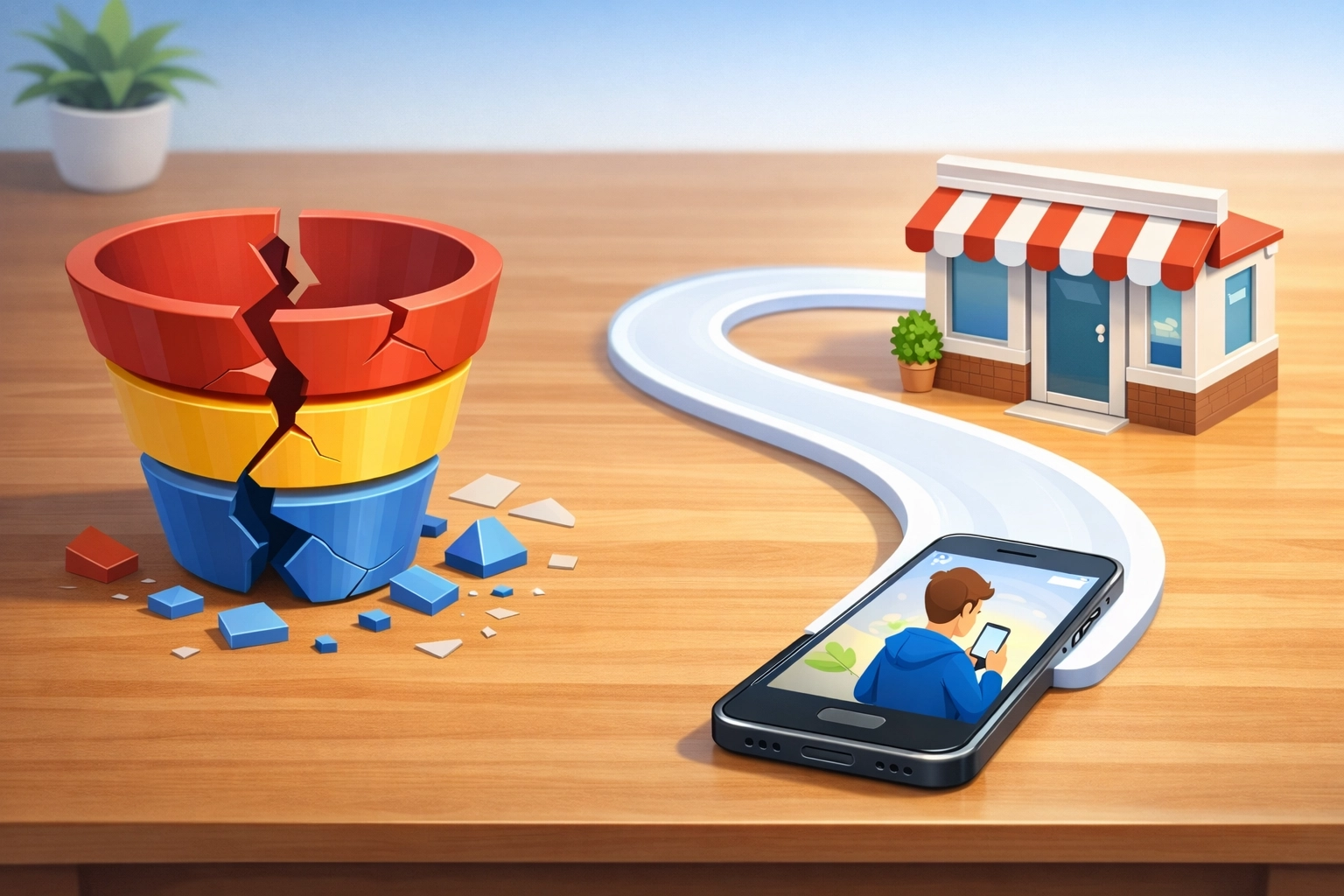 Digital bridge showing a customer journey from intent to storefront, replacing a broken marketing funnel.