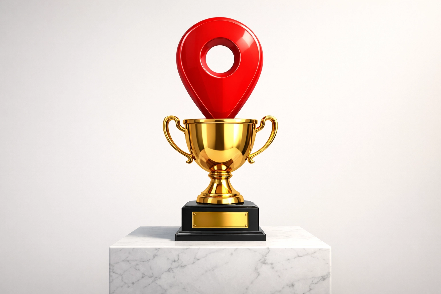 A cartoon trophy topped with a map pin on a podium representing a winning GBP strategy, cartoon-style modern clean realism, landscape orientation
