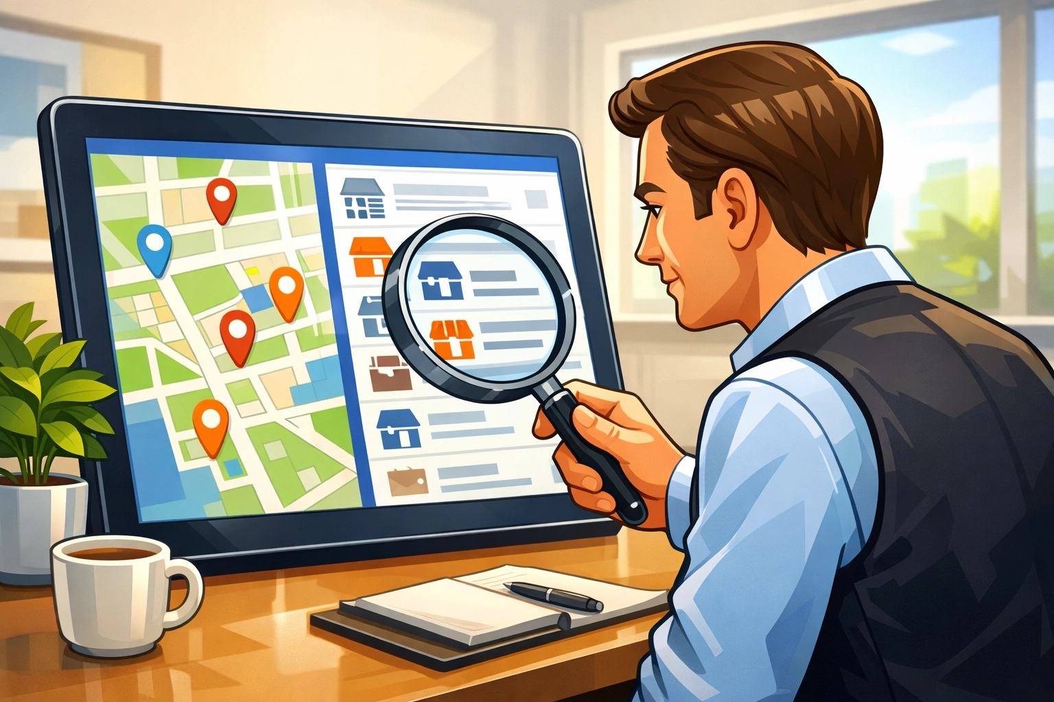Business owner performing a local SEO audit on directory listings using a magnifying glass.