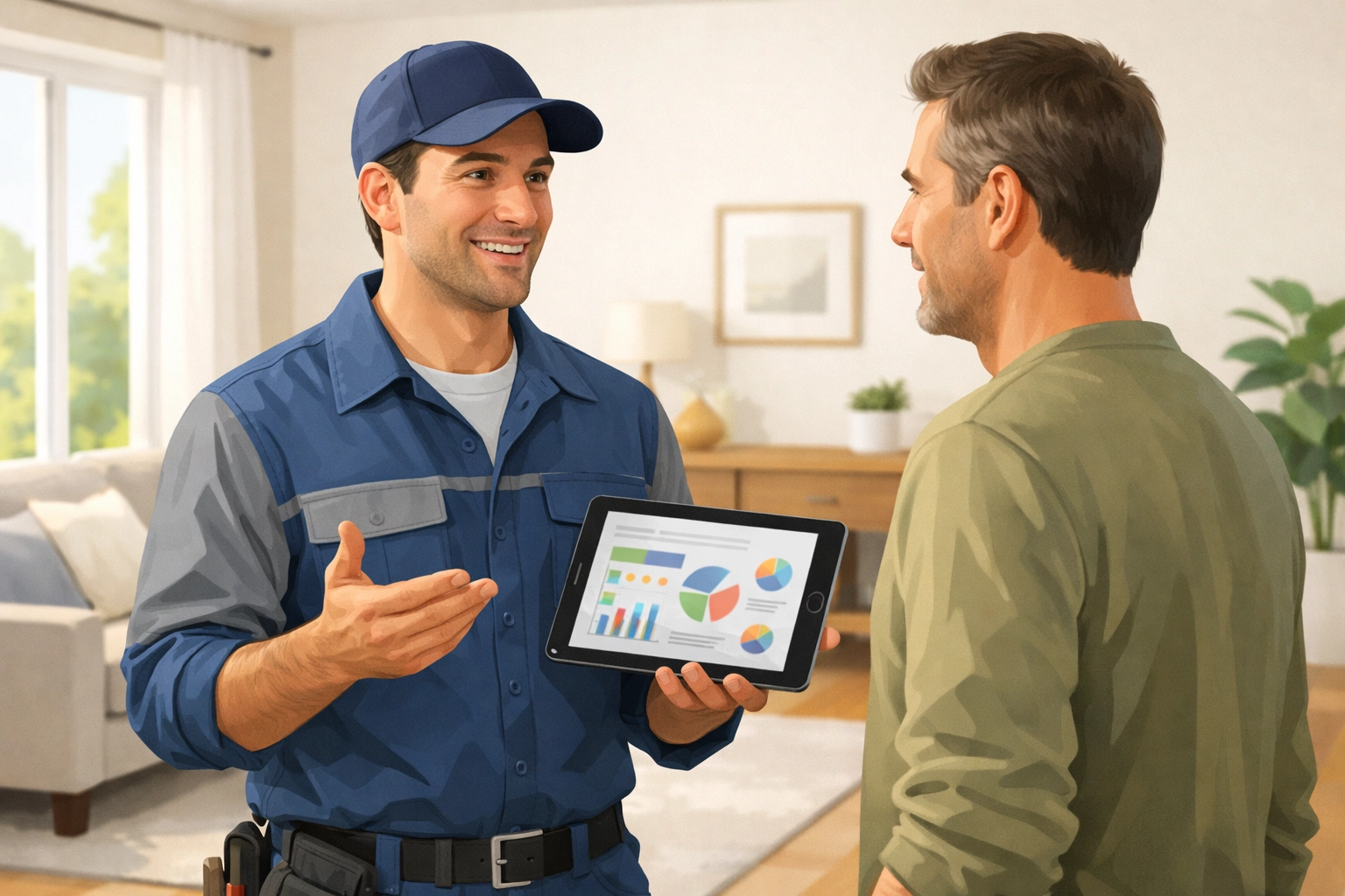 A professional HVAC contractor sharing service data on a tablet with a homeowner to build local trust.
