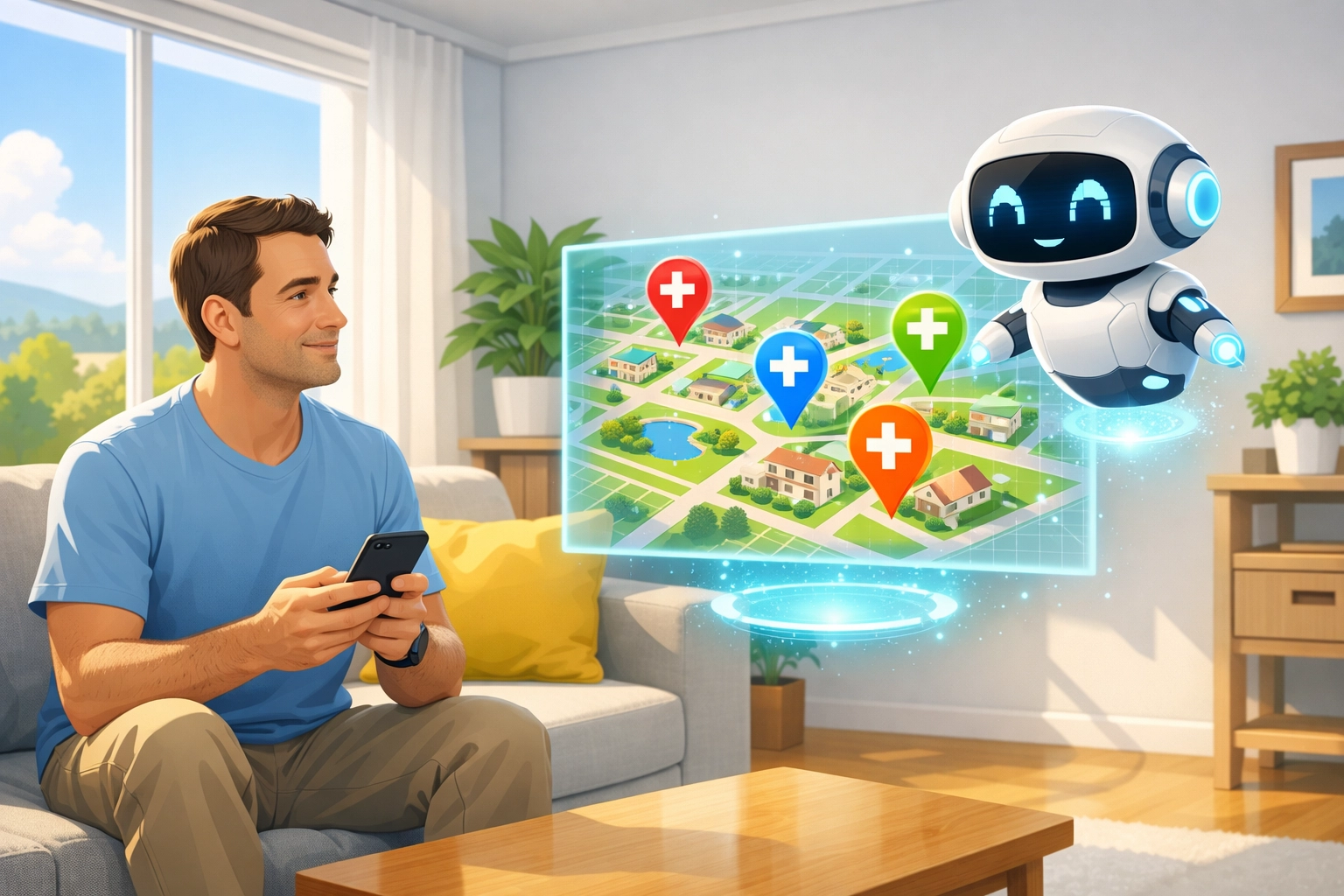 A patient uses an AI robot assistant to find local medical clinics on a digital holographic map.