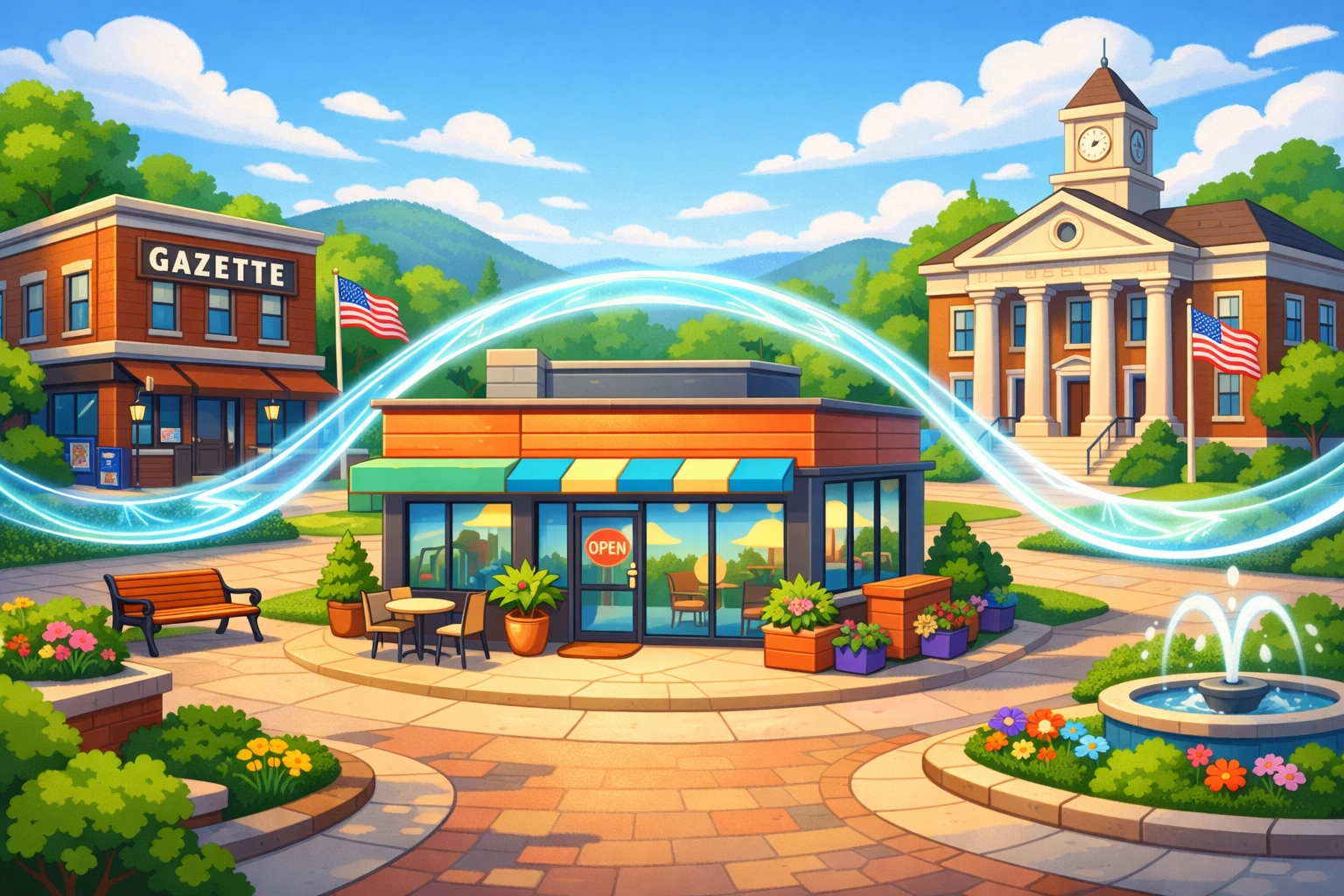 Cartoon depiction of a friendly town square featuring a local business with an "OPEN" sign, a newspaper building labeled "GAZETTE," a town hall, and digital connections symbolizing local backlinking for community engagement.