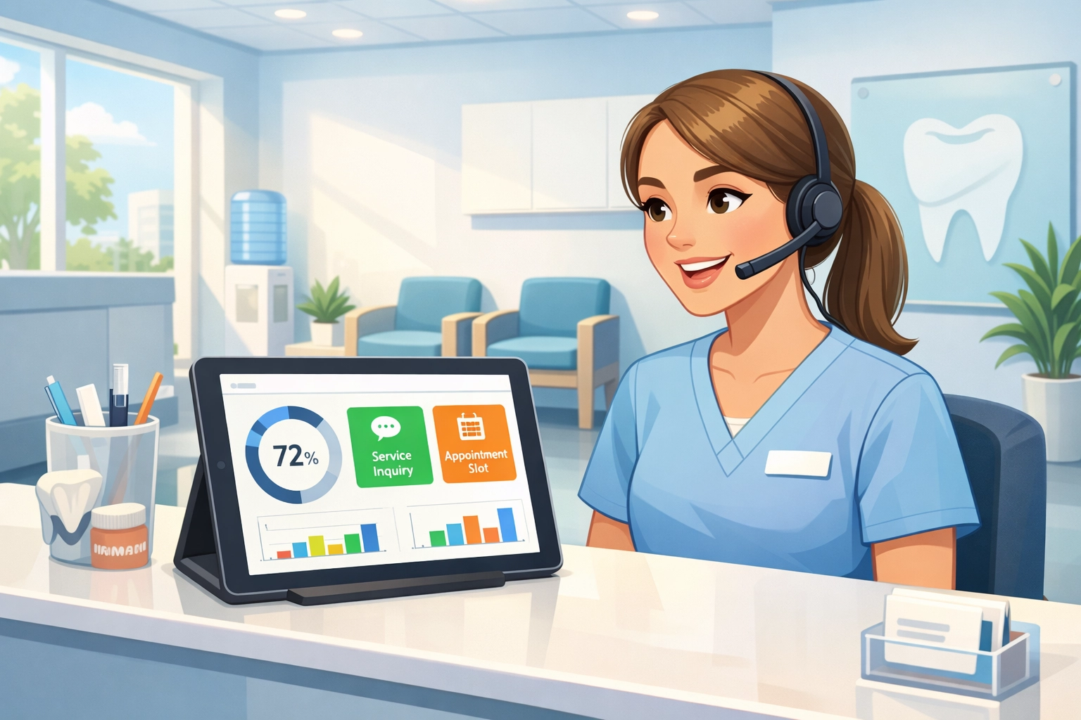 Cartoon dental office front desk with staff member on phone, tablet displaying lead insights and service inquiry metrics.