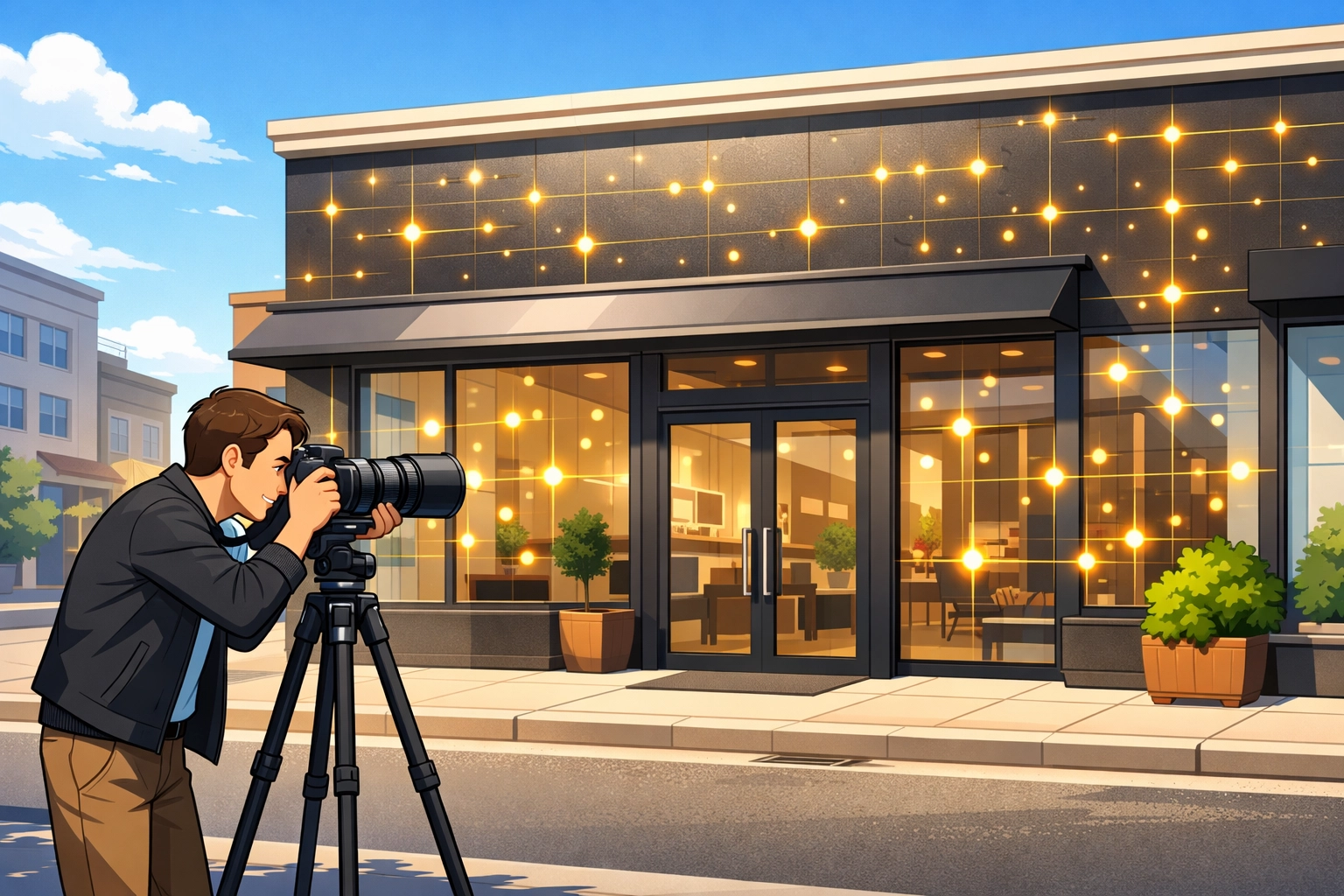 Professional photographer capturing a modern storefront with glowing reflections, emphasizing quality and local business presence.