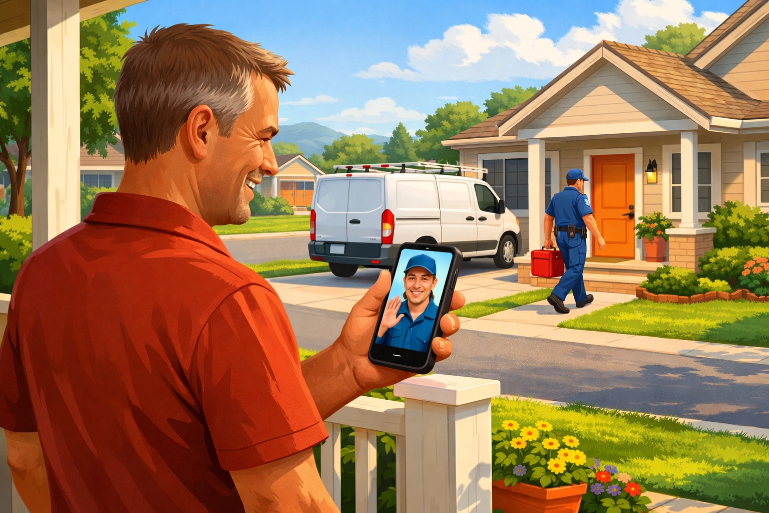 Local resident on a porch watching a technician video on a phone with a service van parked in the background.