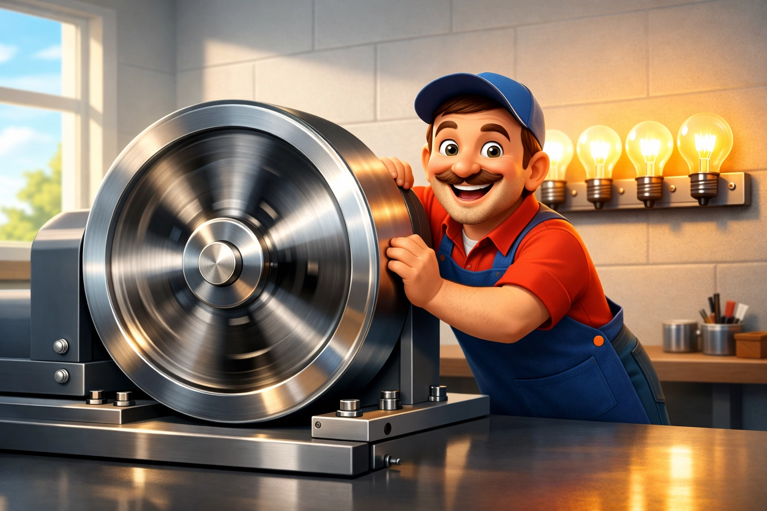 Cartoon illustration of a small business owner joyfully turning a large gear labeled “Content Flywheel” in a workshop, symbolizing local SEO strategies for lead generation.