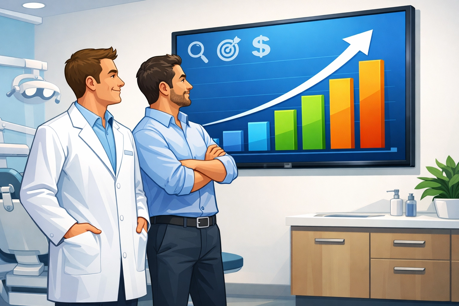 A dentist and marketing professional analyzing a chart of growing patient leads from AI discovery.