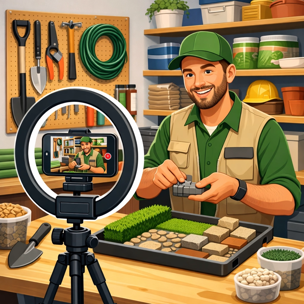 Professional recording helpful TikTok content in a workshop to reach local homeowners via search.