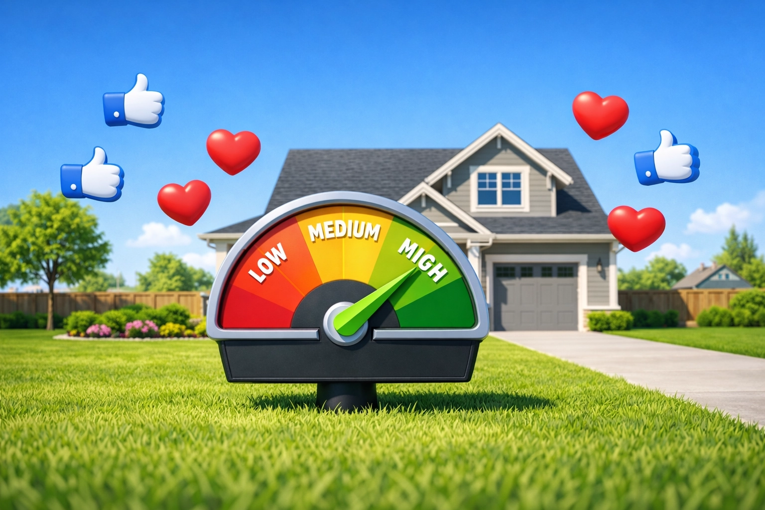 A trust meter gauge in front of a house illustrating the impact of micro-influencers on local service area authority.
