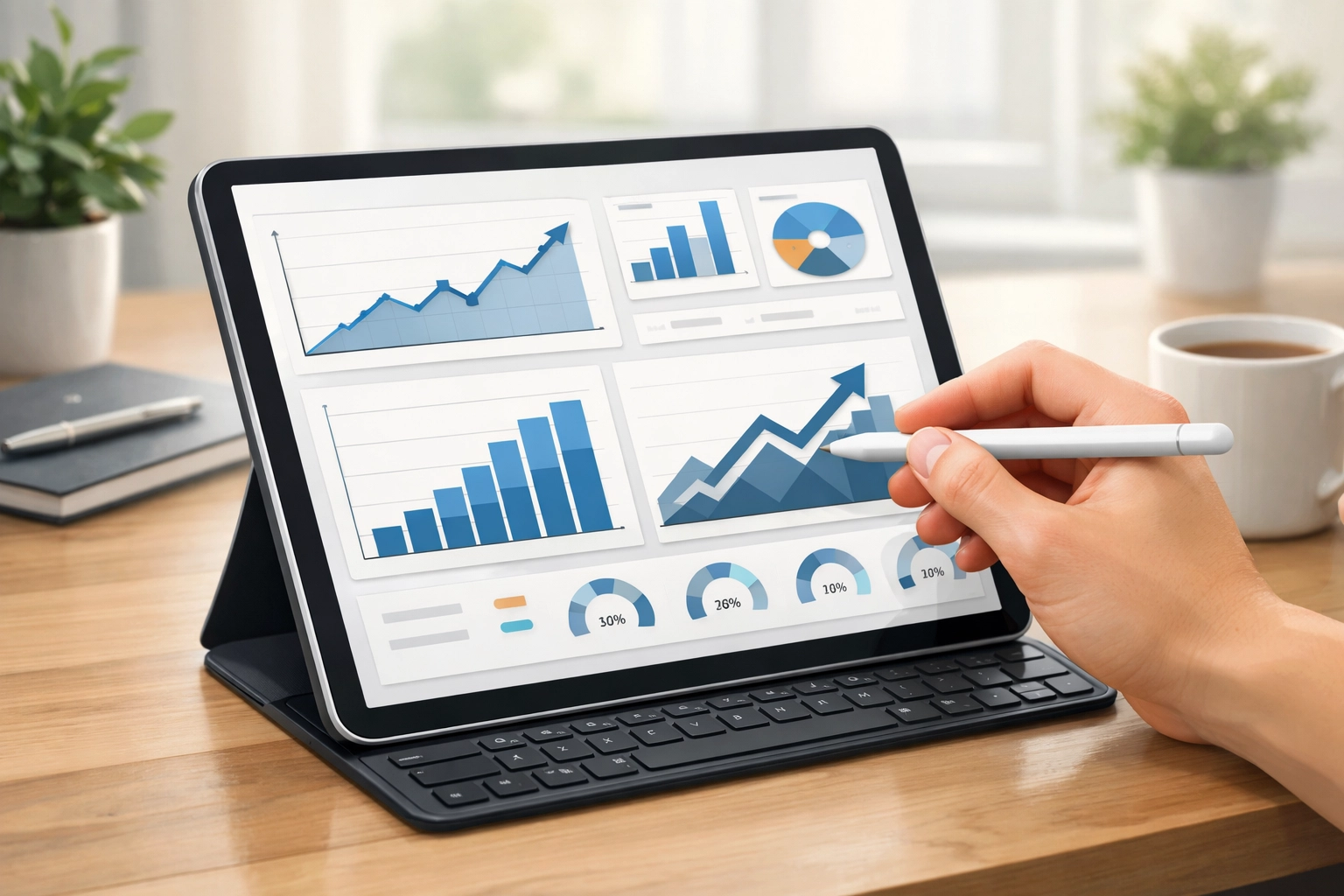 A tablet displaying business growth metrics achieved through an AI Sales Rep and automated marketing workflows.
