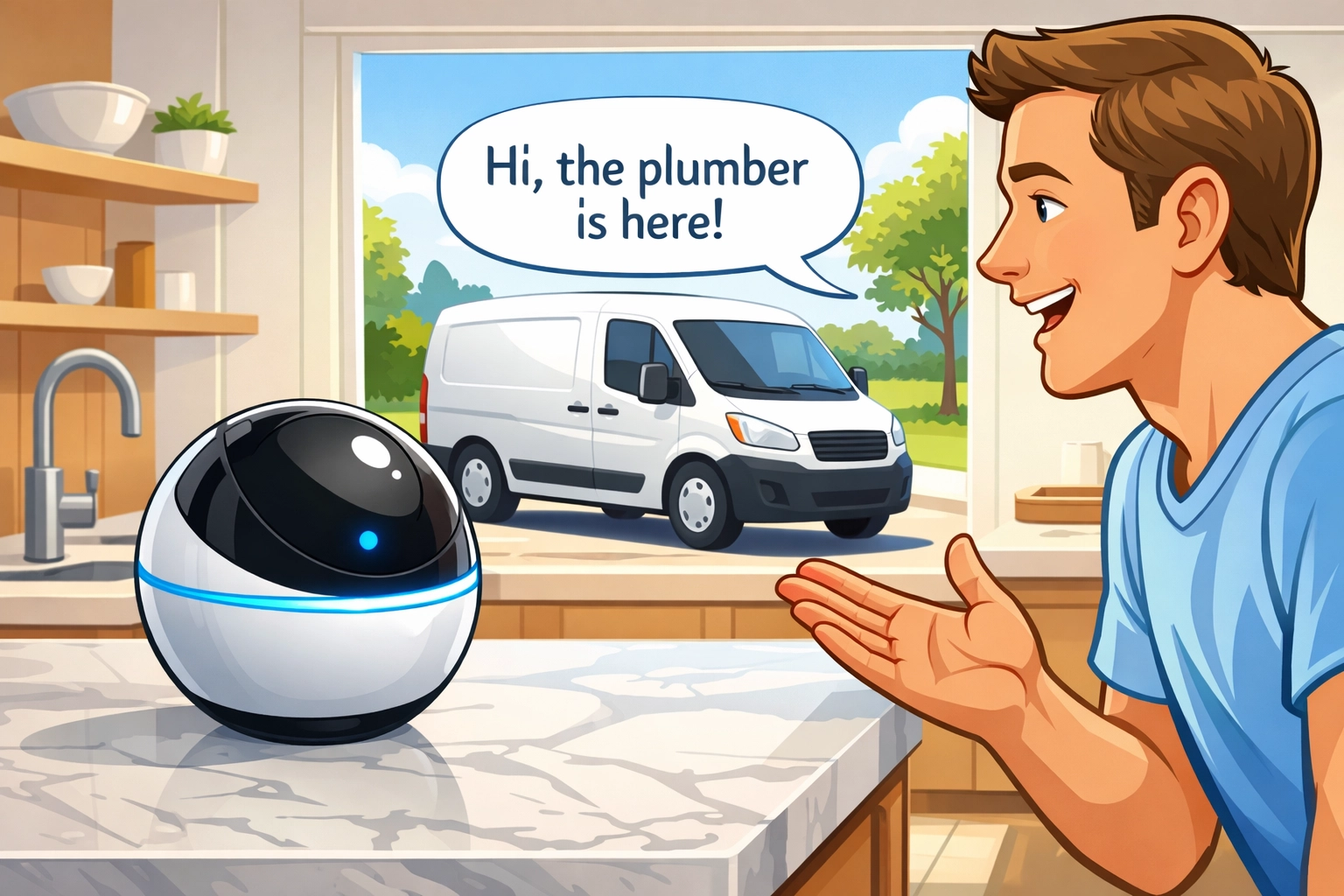Person at home interacting with a friendly AI assistant, with a delivery van visible outside, emphasizing local service communication in an AI-driven search context.