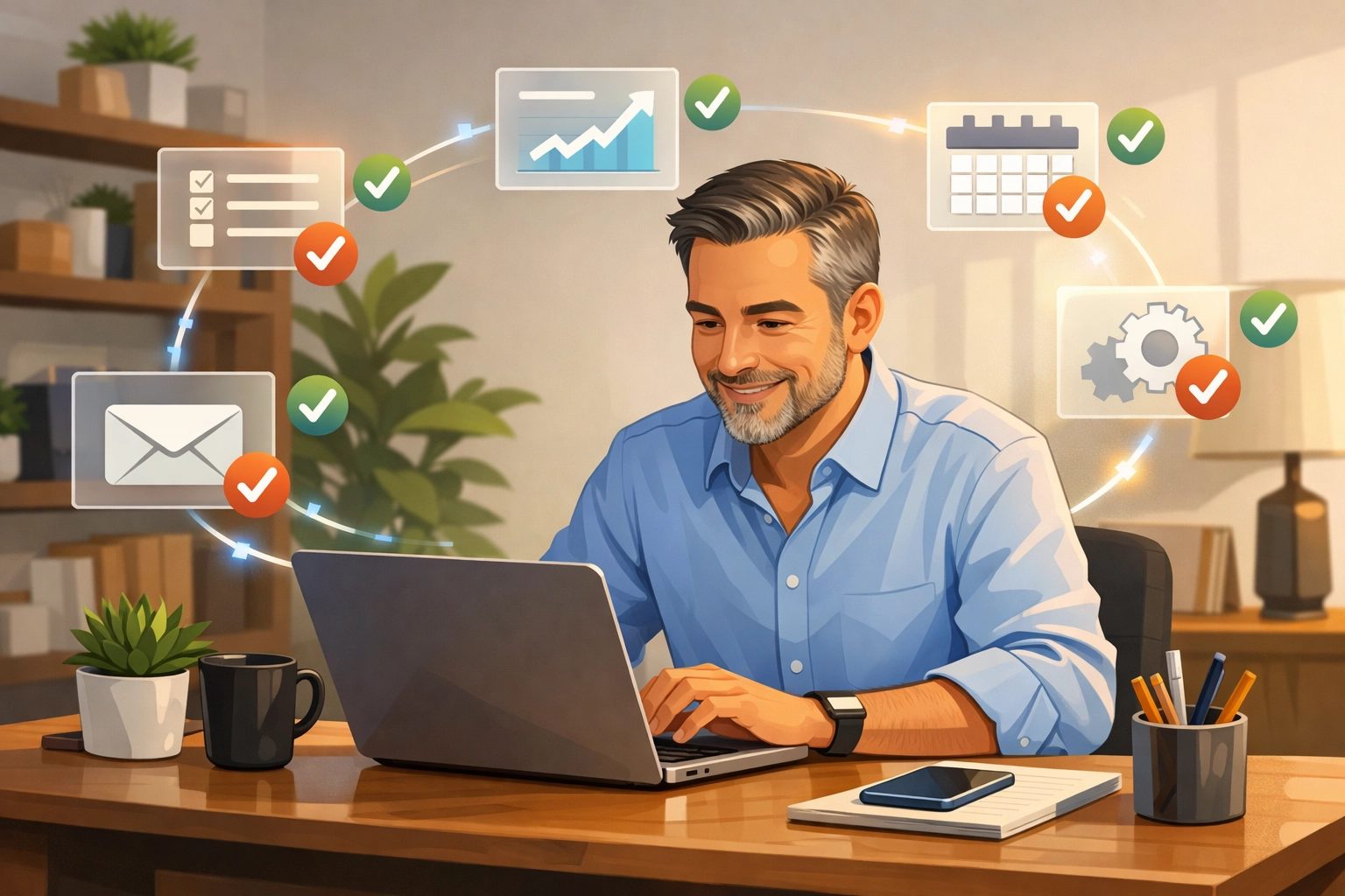 A business owner in a home office using Agentic AI to autonomously manage and organize digital tasks and workflows.