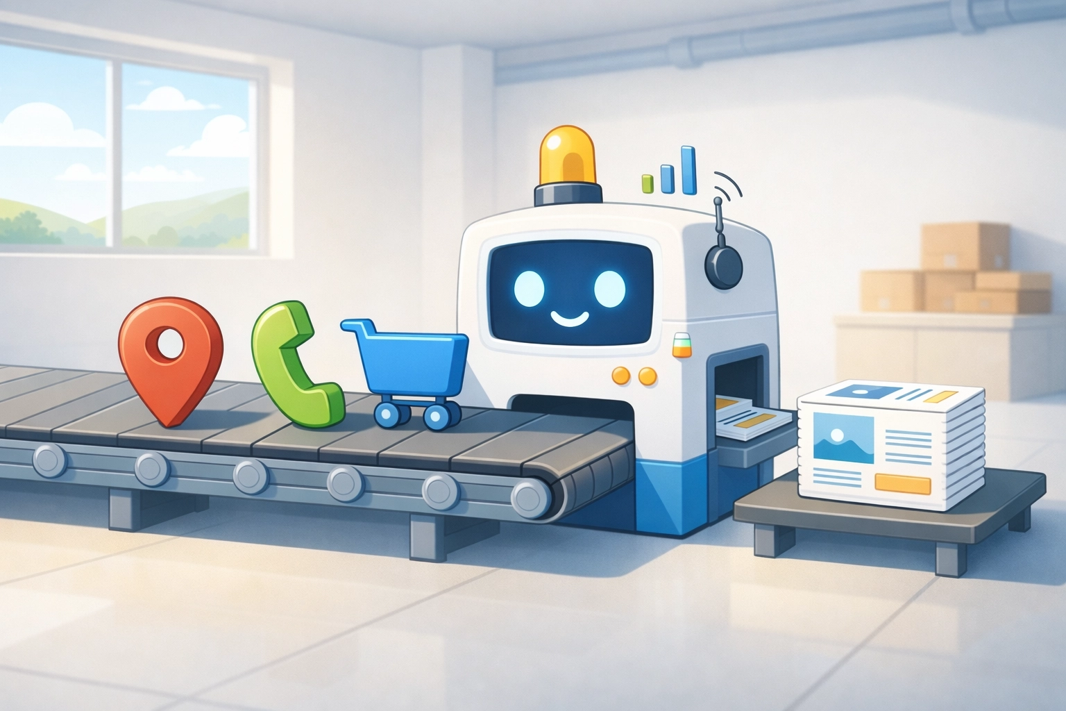 AI advertising engine processing data signals like location and phone calls into optimized Google Ads matches.
