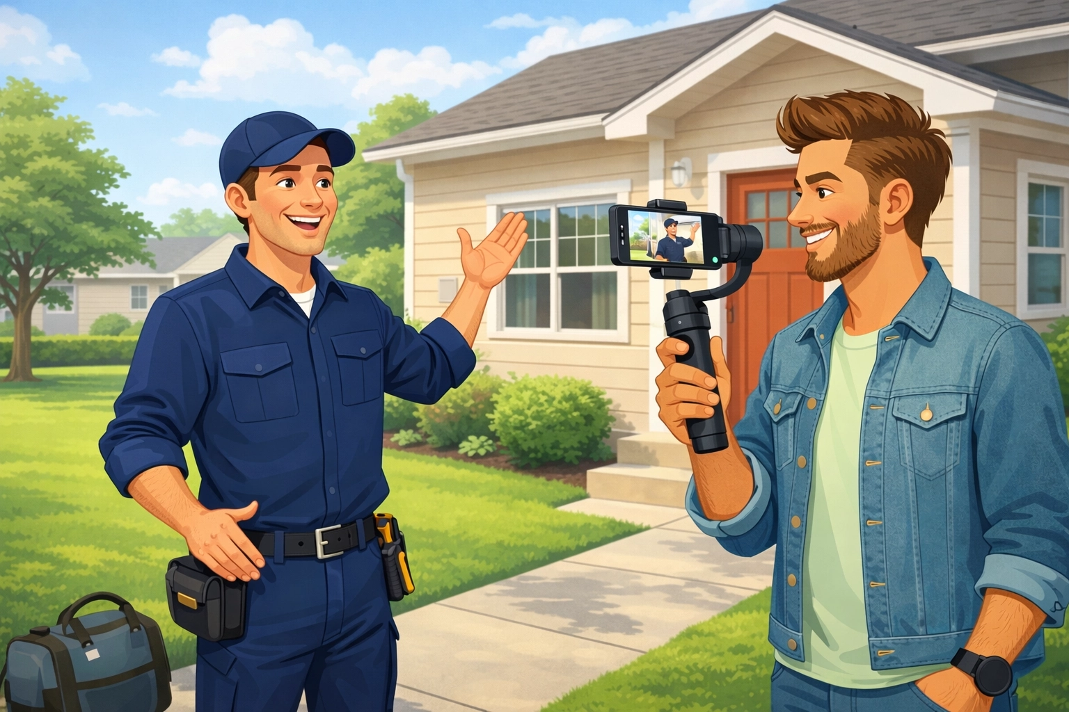 Local HVAC technician and neighborhood influencer recording social media content to build trust and local visibility.
