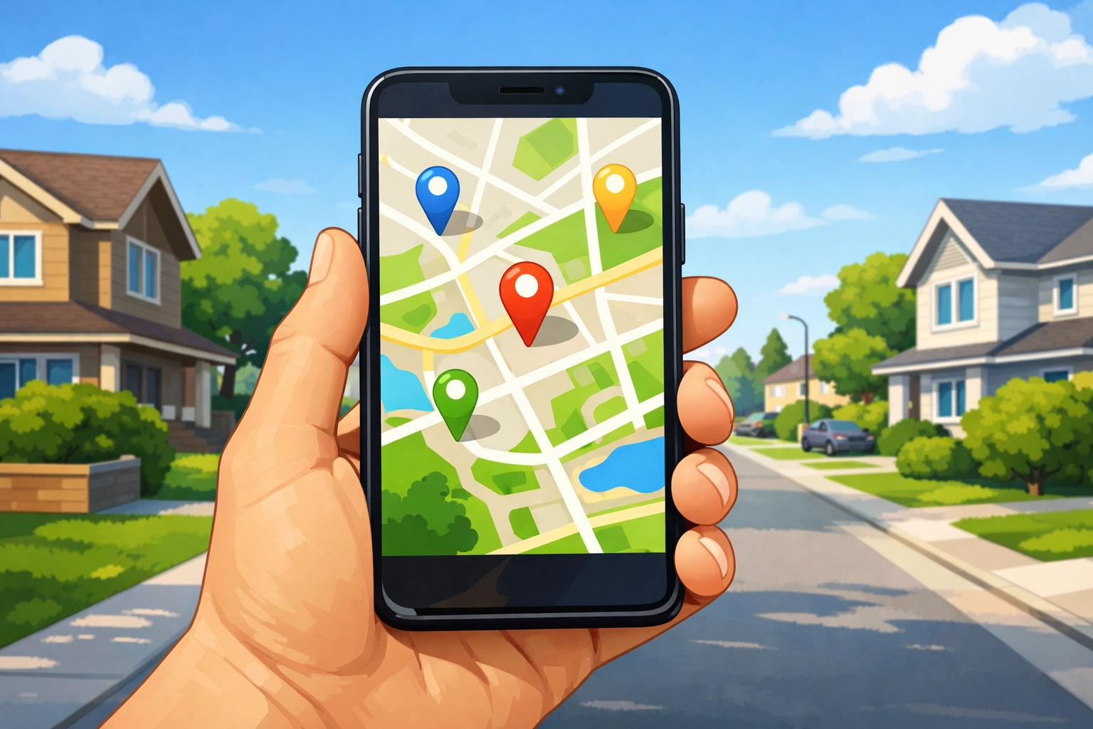 A smartphone displaying local business map pins in a neighborhood to drive high conversion rates.