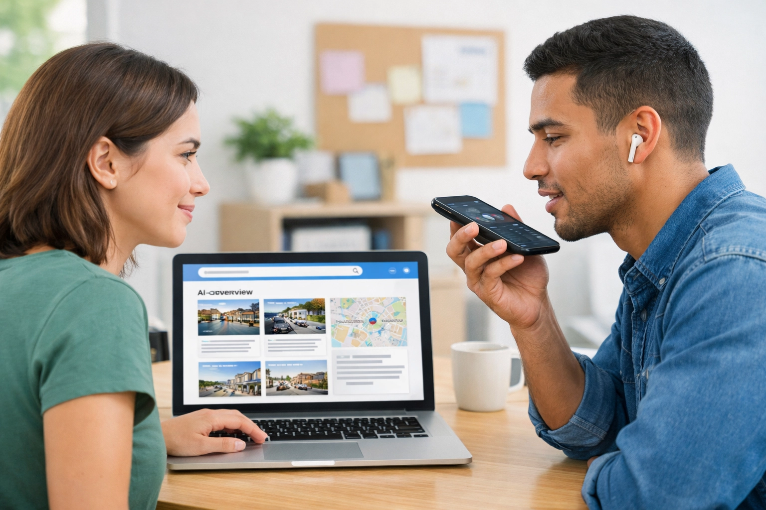 ZuK9R41xvCn Man using smartphone for voice search while woman interacts with laptop displaying AI overview, emphasizing spatial computing and local business engagement.