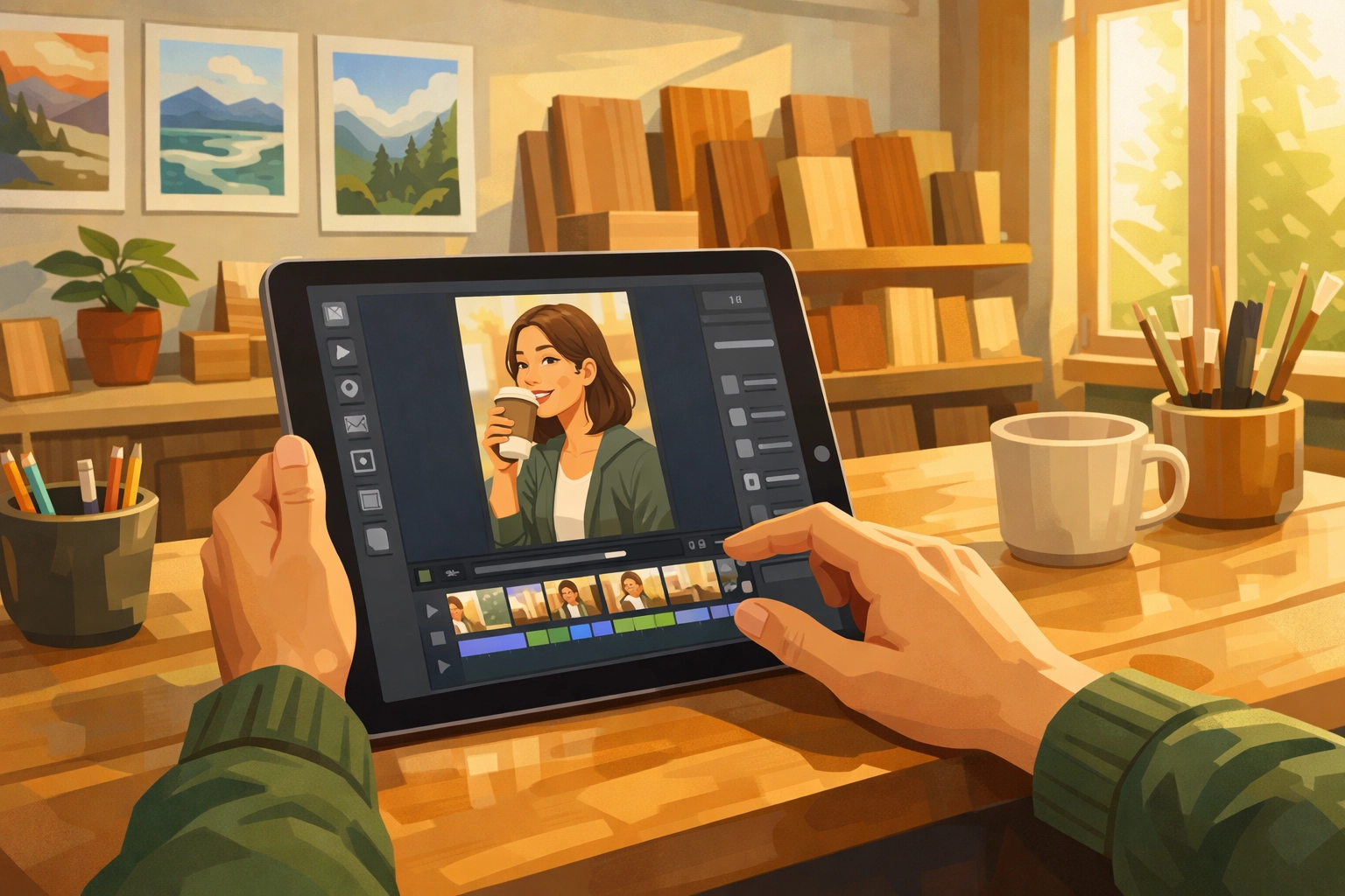 Landscape cartoon of a person using a tablet to edit a short video inside a cozy, sunlit shop filled with art and wood samples