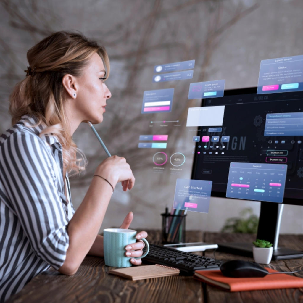 Small business owner conducting local keyword research using a tablet in a bright workspace