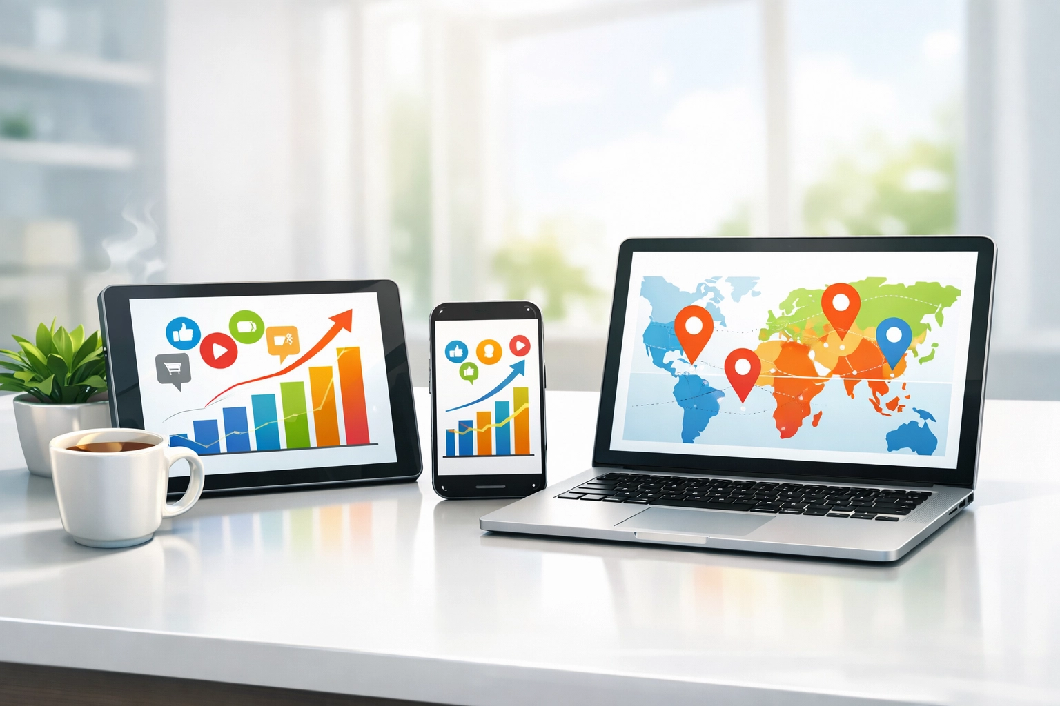 Digital marketing dashboard with growth charts and local map pins on screens in a professional office.