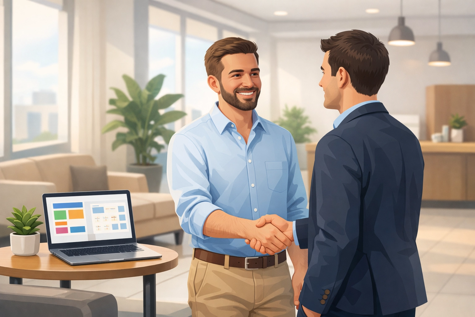 A business owner shaking hands with a client while Marblism AI agents manage the digital grind in the background.