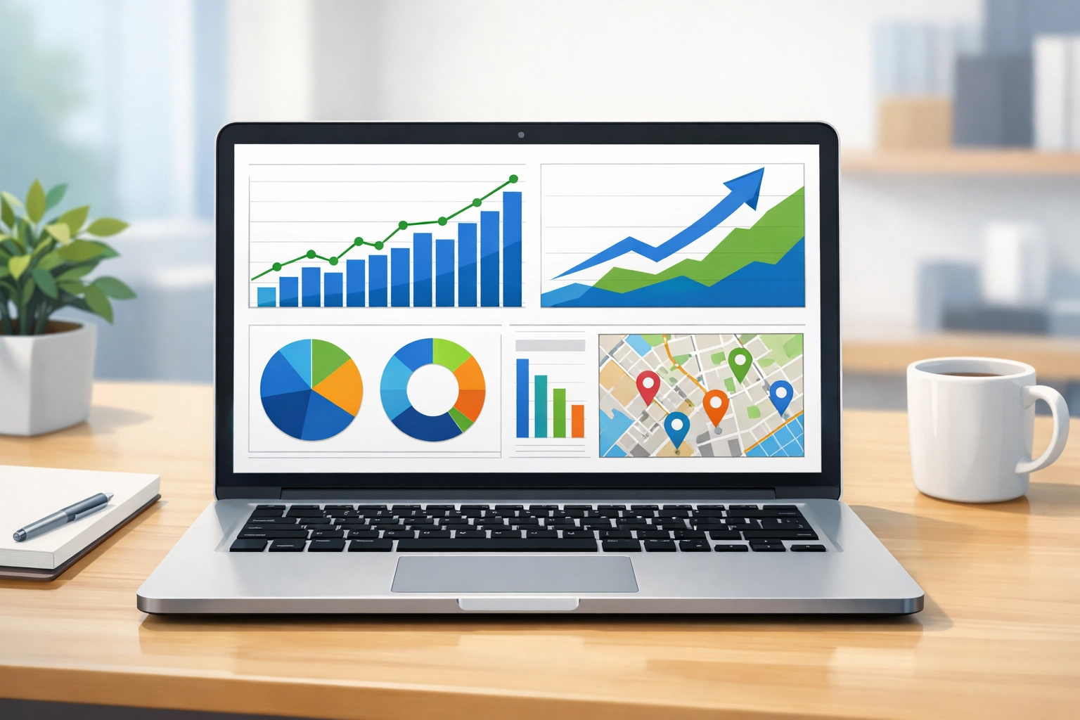 Cartoon landscape: laptop showing a conceptual analytics dashboard with charts and a small map inset.