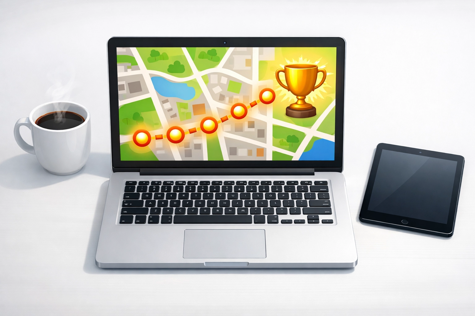Laptop displaying a map with a trophy icon and orange dots representing local keywords, alongside a steaming coffee cup and a tablet, symbolizing digital marketing strategies for local SEO.