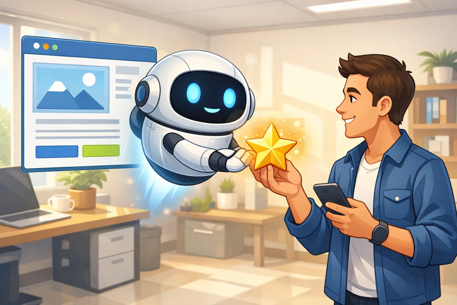 Cartoon robot presenting a gold star to a user holding a smartphone, with a digital business website displayed in the background, illustrating AI-driven recommendations in digital marketing.