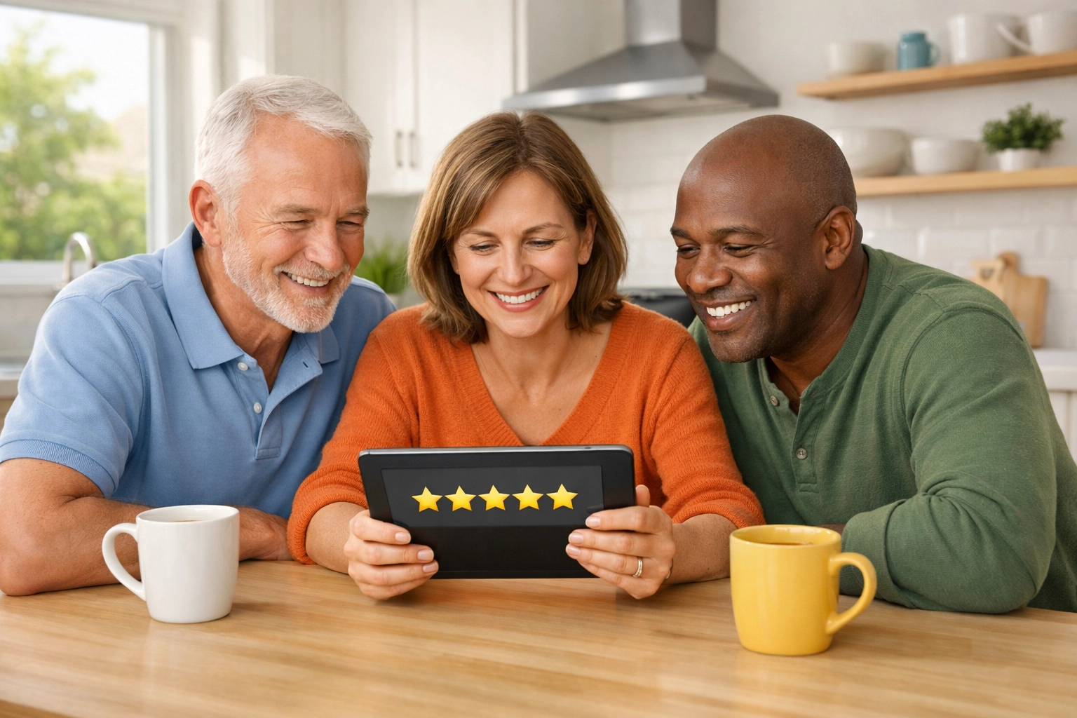 Neighbors at a kitchen table sharing local business reviews and community recommendations on a tablet.