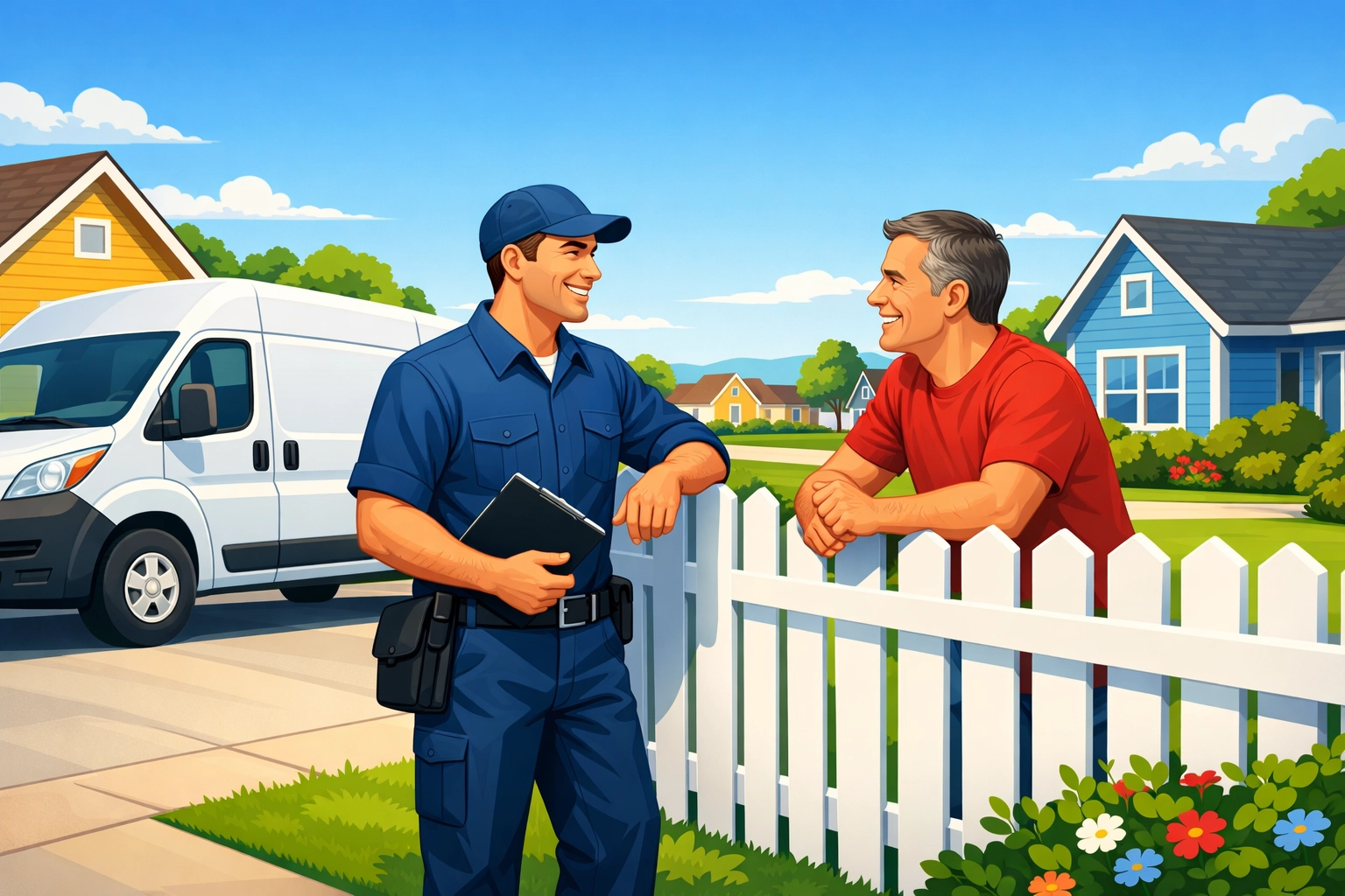 Local contractor talking to a homeowner over a fence, representing neighborhood trust and recommendations.
